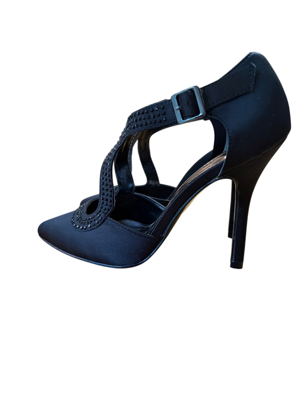 Nine West Black Satin Pointed-Toe Slingback Heels with Crystal Straps